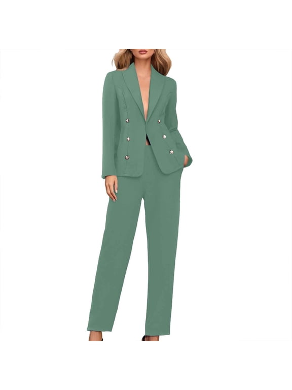 Womens 2 Piece Suit Sets Dressy Business Casual Outfits Long Sleeve Lapel Collar Blazer and Straight Leg Pants Sets Office Work Suit Sets Mint Green XL