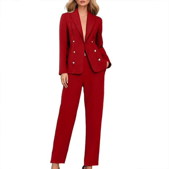 Fmbrln Womens 2 Piece Suit Sets Dressy Business Casual Outfits Long Sleeve Lapel Collar Blazer and Straight Leg Pants Sets Office Work Suit Sets Red S