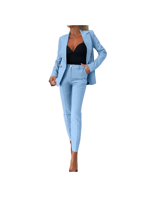 Womens 2 Piece Suit Sets Dressy Business Casual Outfits Long Sleeve Lapel Collar Cropped Blazer and Straight Leg Pants Sets Office Work Suit Sets Sky Blue S