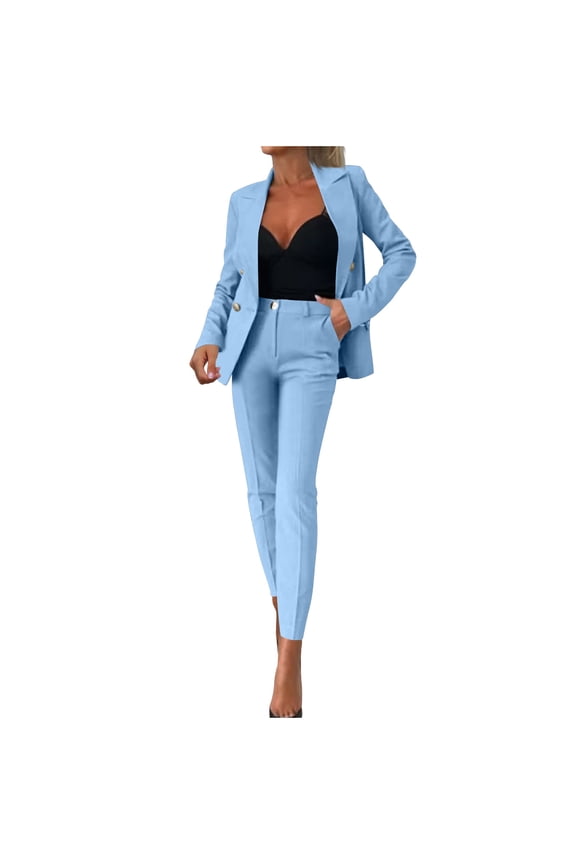 Womens 2 Piece Suit Sets Dressy Business Casual Outfits Long Sleeve Lapel Collar Cropped Blazer and Straight Leg Pants Sets Office Work Suit Sets Sky Blue S