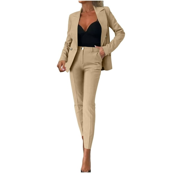 Fmbrln Womens 2 Piece Suit Sets Dressy Business Casual Outfits Long Sleeve Lapel Collar Cropped Blazer and Straight Leg Pants Sets Office Work Suit Sets Yellow S