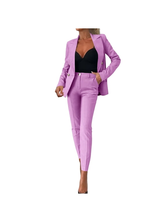 Womens 2 Piece Suit Sets Dressy Business Casual Outfits Long Sleeve Lapel Collar Cropped Blazer and Straight Leg Pants Sets Office Work Suit Sets Pink S