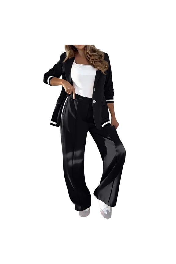 Womens 2 Piece Suit Sets Dressy Business Casual Outfits Long Sleeve Open Front Lapel Collar Blazer and Straight Leg Pants Sets Office Work Suit Sets Black S