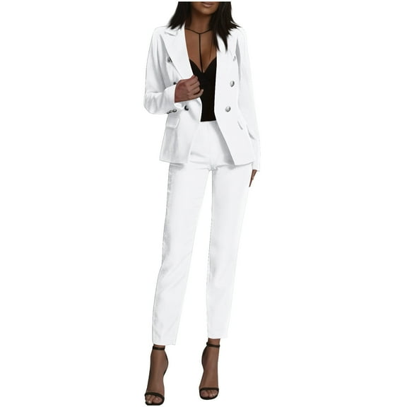 Fmbrln Womens 2 Piece Suit Sets Office Work Suit Sets Long Sleeve Lapel Collar Blazer and Straight Leg Pants Sets Dressy Business Outfits White 3XL