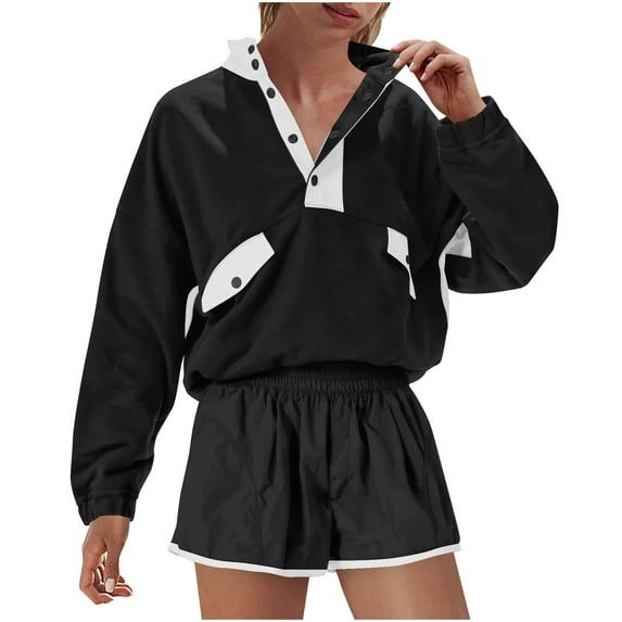 Fmbrln Womens 2 Piece Sweatsuit Sets 1/4 Button Long Sleeve Pullover Sweatshirts and Elastic Waist Athletic Shorts Sets Lounge Wotkout Outfits Black 2XL