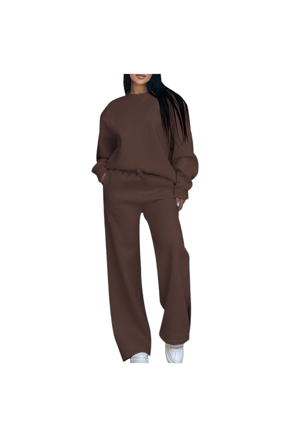 Womens 2 Piece Sweatsuit Sets Crew Neck Long Sleeve Pullover Tops and Drawstring Elastic Waist Wide Leg Pants Sets Lounge Sets for Women Coffee M