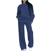 FMBRLN Womens 2 Piece Sweatsuit Sets Crew Neck Long Sleeve Pullover Tops and Drawstring Elastic Waist Wide Leg Pants Sets Lounge Sets for Women Dark Blue XL