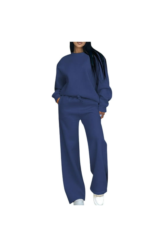 Womens 2 Piece Sweatsuit Sets Crew Neck Long Sleeve Pullover Tops and Drawstring Elastic Waist Wide Leg Pants Sets Lounge Sets for Women Dark Blue XL