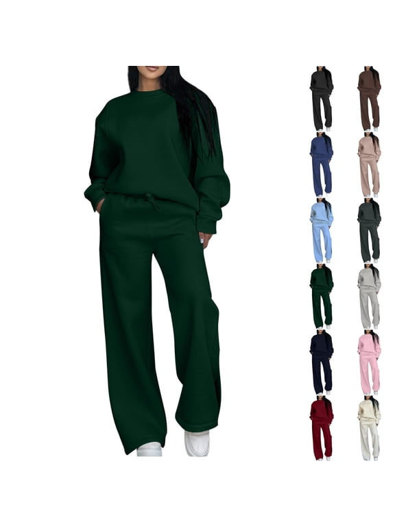 Womens 2 Piece Sweatsuit Sets Crew Neck Long Sleeve Pullover Tops and Drawstring Elastic Waist Wide Leg Pants Sets Lounge Sets for Women