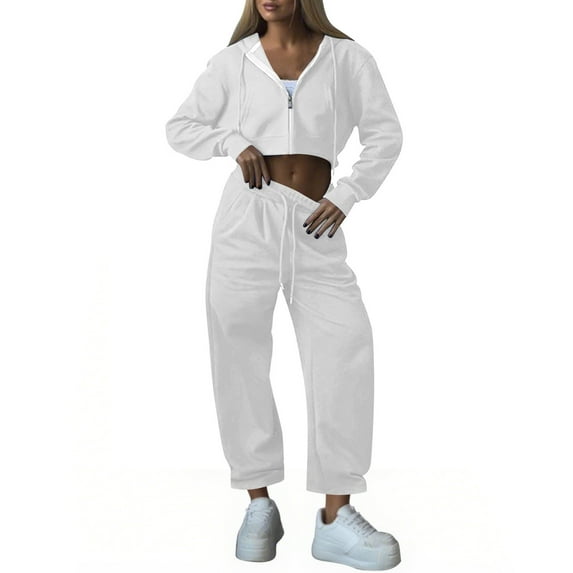 Fmbrln Womens 2 Piece Sweatsuit Sets Full Zip Up Long Sleeve Cropped Hoodie and Elastic Waist Joggers Pants Sets Lounge Wotkout Outfits White S