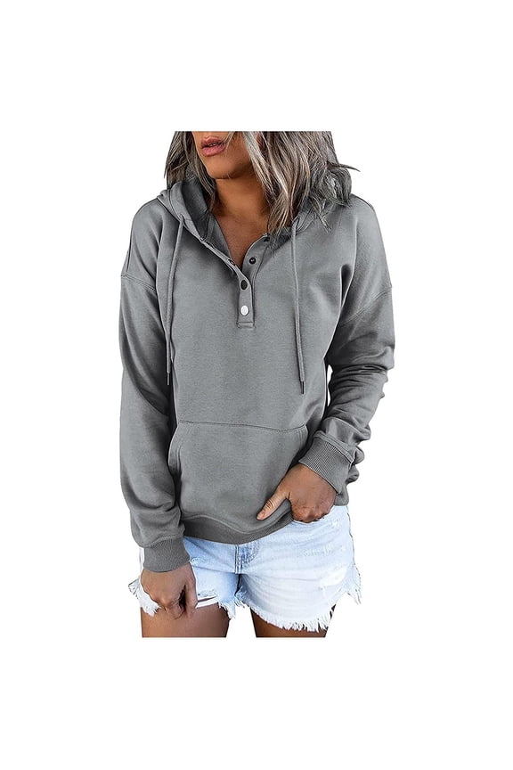 Womens 2025 Hoodies Long Sleeve Drawstring Button Hoodie Pullover Fall Winter Hooded Sweatshirts Casual Solid Color Tops