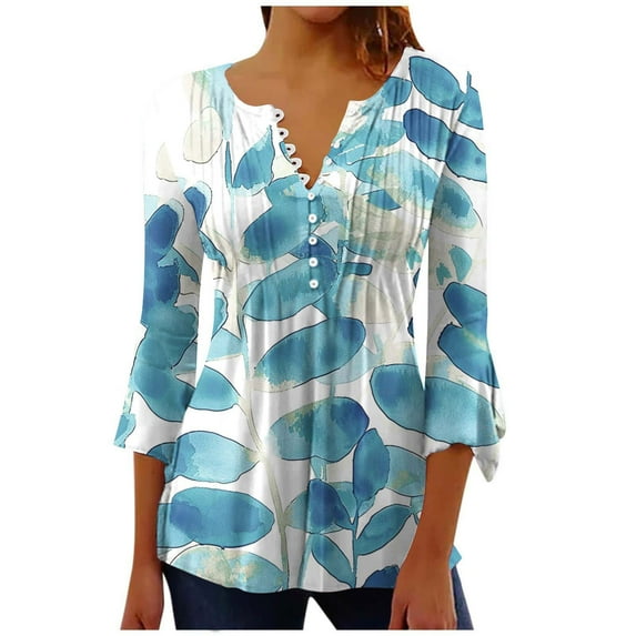Fmbrln Womens 3/4 Flared Sleeve Blouse Fashion V Neck Button Pleated Belted Tops Casual Loose Fashion Print T-Shirts Blue XL