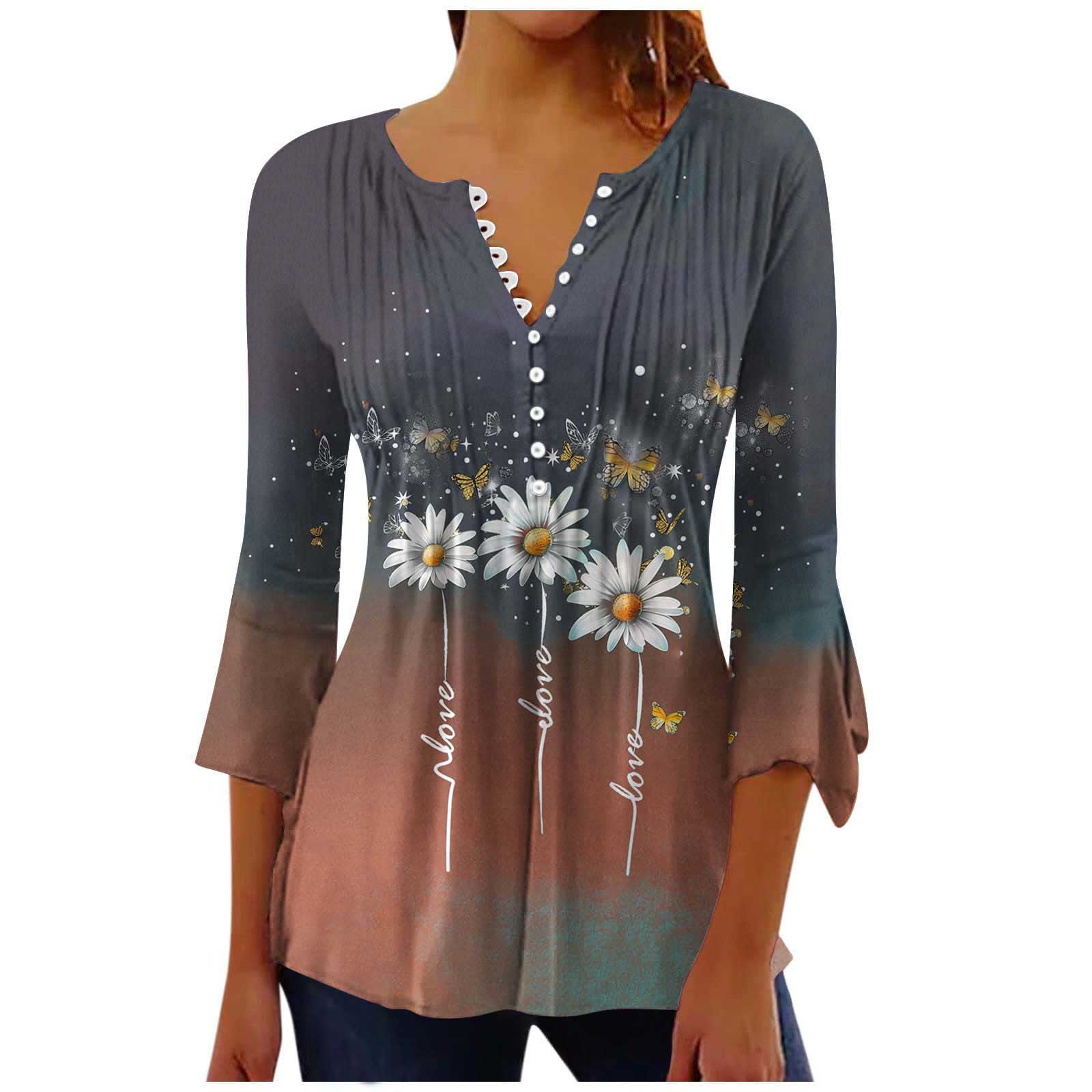 Women’s Floral Print V-Neck T-Shirt – Summer Casual Tee, Loose Fit, Short Sleeve