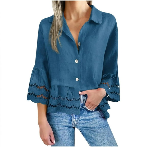 Fmbrln Womens 3/4 Flared Sleeve Shirts Casual Loose Turndown Collar Button Blouse Fashion Lace Patchwork Hollow Out Ruffle Hem Tops Navy 2XL