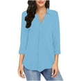 thumbnail image 1 of Fmbrln Womens 3/4 Sleeve Blouse Fashion V Neck Front Pleated Tops Casual Loose Solid Color Shirts Light Blue XL, 1 of 5