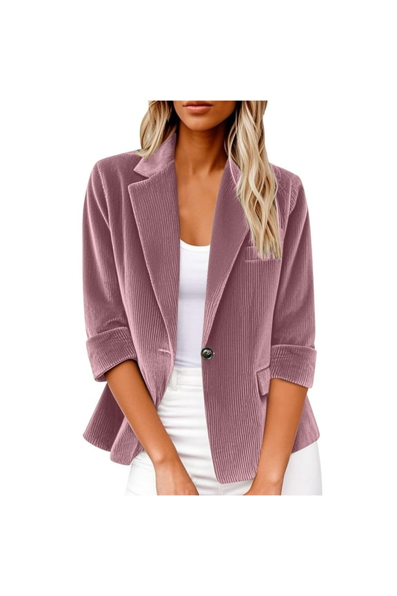 Womens 3/4 Sleeve Corduroy Blazer Casual Office Business Work Tops Dressy Suit Jackets with Pockets Pink 2XL