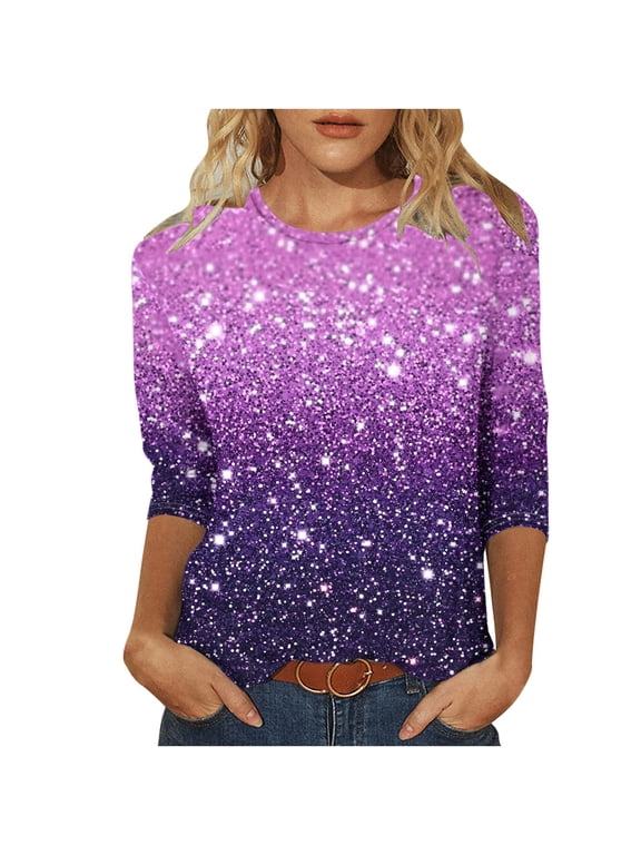 Womens 3/4 Sleeve Sequin Tops Crew Neck Trendy T-Shirt Casual Loose Shirts Dressy Blouse Pullover
