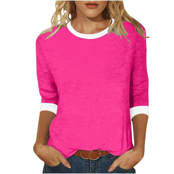 Fmbrln Womens 3/4 Sleeve Tops Fashion Crew Neck Color Block Tops Office Work Tops Casual Dressy Blouses Hot Pink XL
