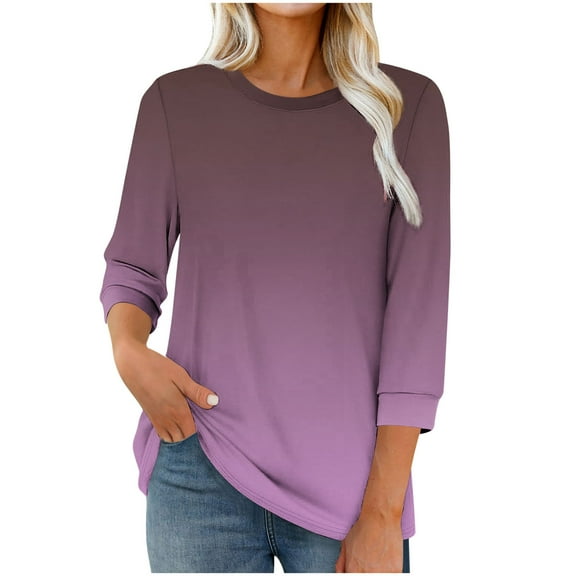Fmbrln Womens 3/4 Sleeve Tops Fashion Crew Neck Gradient Print Work Tops Lightweight Comfy Tunic Tops Casual Dressy T-Shirts Blouses Purple L