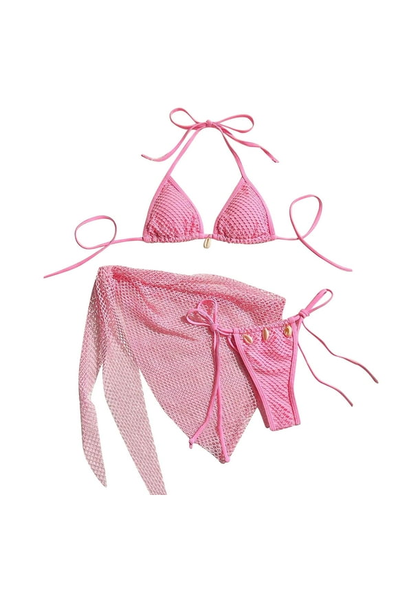 Womens 3 Piece Swimsuits Sexy Solid Color swim Sets Halter Back Tie Bathing Suit