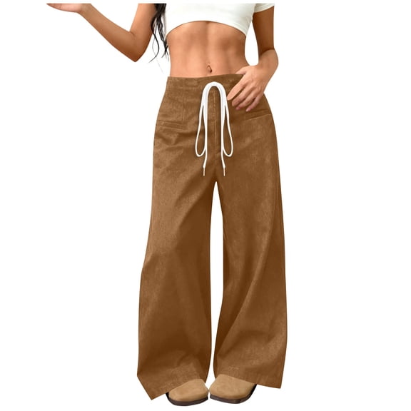 Fmbrln Womens Baggy Wide Leg Pants Elastic Waist Drawstring Straight Leg Pants Casual Loose Solid Trousers with Pockets