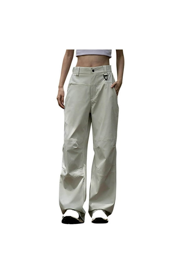 Womens Breathable Outdoor Hiking Pants Casual Button Elastic Waist Waterproof and Windproof Travel Pants Lounge Quick Dry Rain Pants with Pockets White M