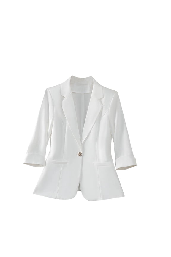 Womens Business Casual Fitted Lapel Blazer Solid Color 3/4 Sleeve Button Office Work Suit Jacket with Pockets