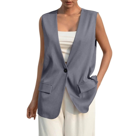 Fmbrln Womens Business Casual Lapel Blazer Solid Color Sleeveless Button Commute Work Vest with Pockets
