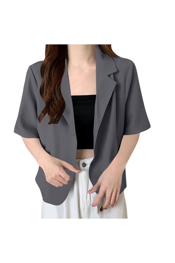 Womens Business Casual Lightweight Lapel Blazer Solid Color Half Sleeve Open Front Commute Office Suit Jacket