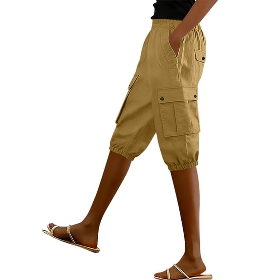 Fmbrln Womens Capri Cargo Pants Elastic Waisted Tapered Summer Pants Loose Solid Color Cropped Pants with Pockets