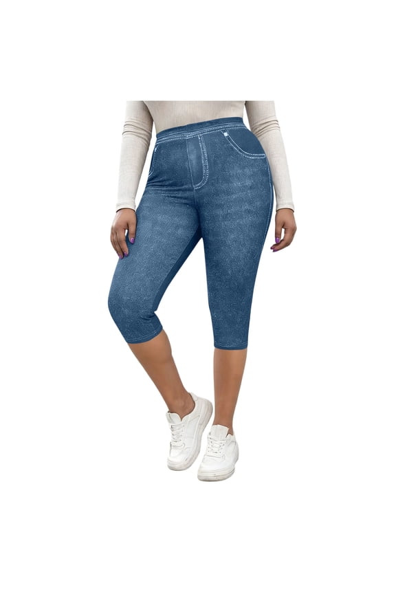 Womens Capri Jeans Pants Elastic Waisted Slim Tapered Summer Pants Fashion Casual Solid Color Cropped Pants
