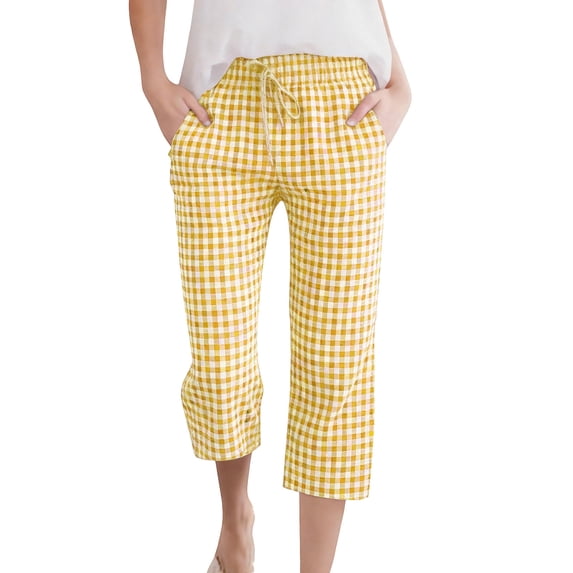 Fmbrln Womens Capri Pants Drawstring Waist Fashion Casual Plaid Printed Summer Pants Stretch Cropped Pants