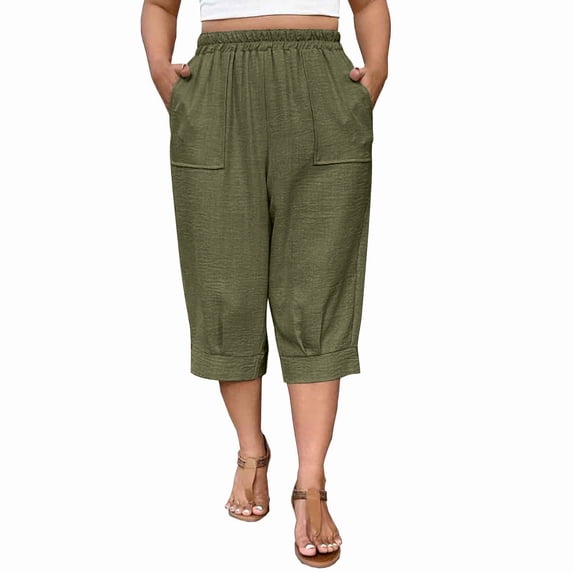 Fmbrln Womens Capri Pants Elastic Waist Solid Color Summer Pants Fashion Casual Cropped Pants with Pocket