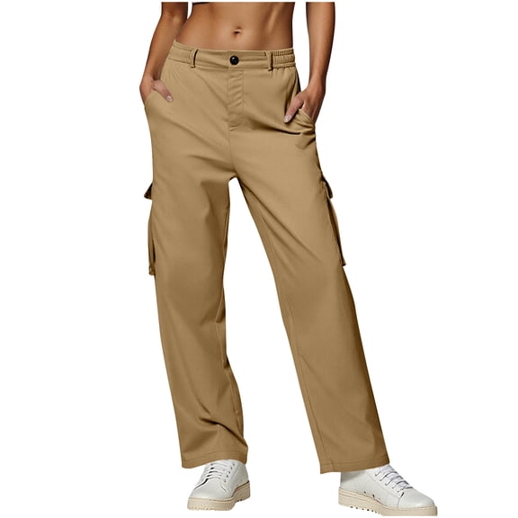 Fmbrln Womens Cargo Pants Casual Button Elastic Waist Multipockets Work Pants Straight Leg Pants Lounge Outdoor Hiking Trousers Khaki S