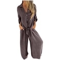 thumbnail image 1 of Fmbrln Womens Casual 2 Piece Sets Long Sleeve Turndown Collar Button Shirts and Wide Leg Pants Lounge Sets for Women Coffee 2XL, 1 of 4