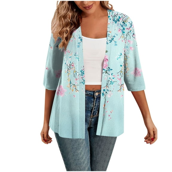 Fmbrln Womens Casual 3/4 Sleeve Cardigans Fashion Floral Print Coat Soft Lightweight Open Front Cardigans Light Blue M
