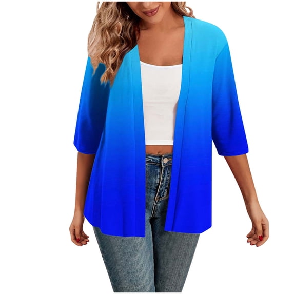 Fmbrln Womens Casual 3/4 Sleeve Cardigans Fashion Gradient Print Coat Soft Lightweight Open Front Cardigans Blue XL
