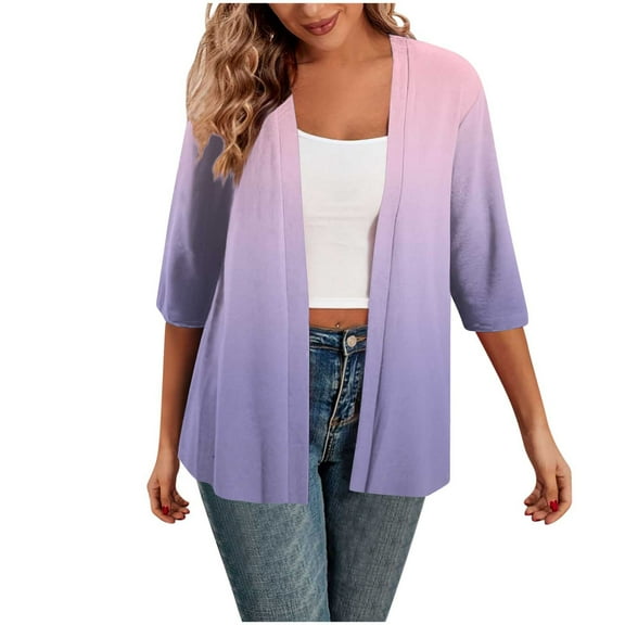 Fmbrln Womens Casual 3/4 Sleeve Cardigans Fashion Gradient Print Coat Soft Lightweight Open Front Cardigans Pink XL