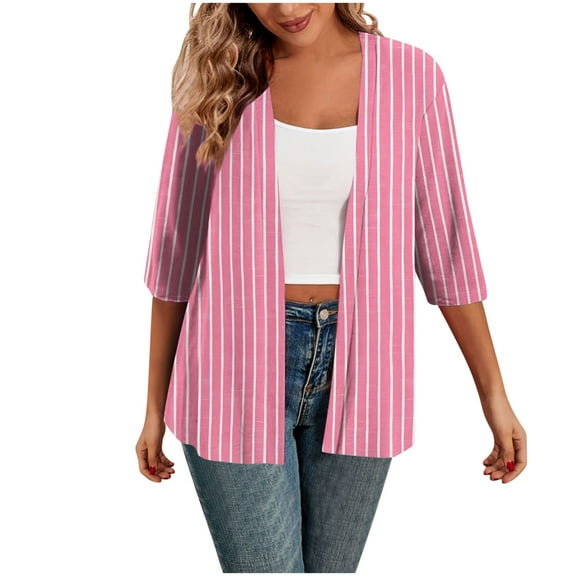 Fmbrln Womens Casual 3/4 Sleeve Cardigans Fashion Stripe Print Coat Soft Lightweight Open Front Cardigans Pink S