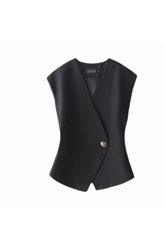 Womens Casual Asymmetrical Waist-Defining Suit Vest Solid Color Metal Button Hoodless Sleeveless Blazer