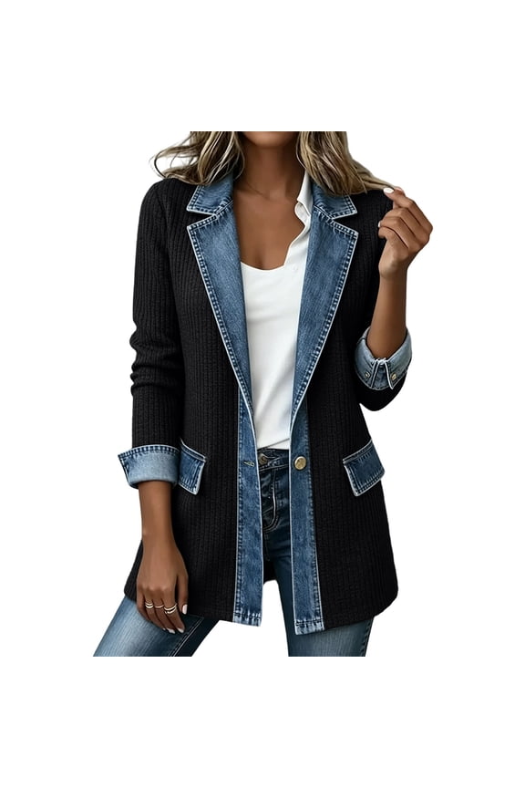 Womens Casual Denim Patchwork Lapel Jacket Open Front Button Long Sleeve Cardigan with Pockets