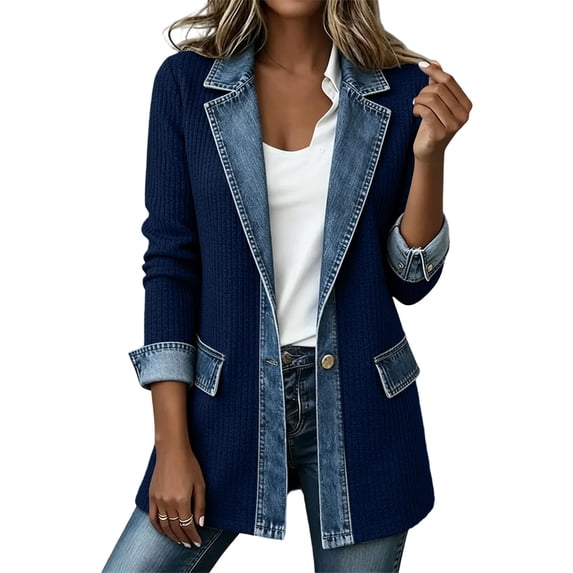 Fenkoxk Womens Casual Denim Patchwork Lapel Jacket Open Front Button Long Sleeve Cardigan with Pockets