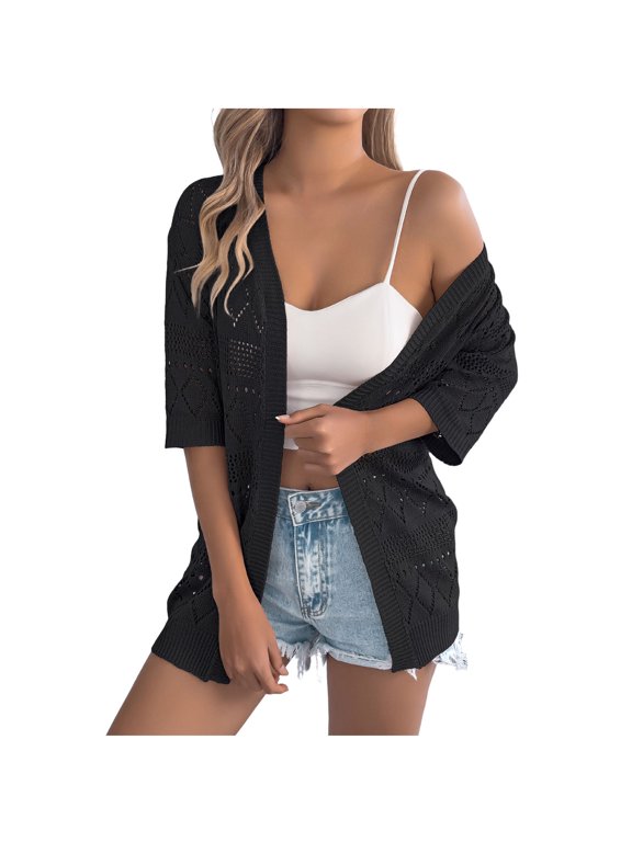 Womens Casual Hollow Out Cardigan Sweater Solid Color Short Sleeve Hoodless Open Front Lounge Jacket