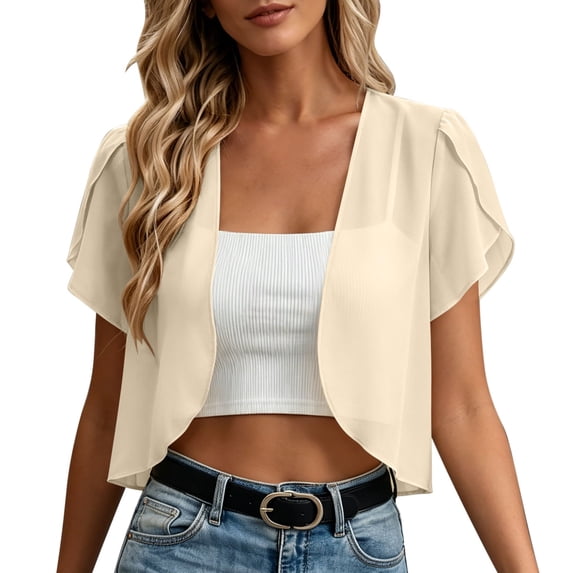 Fmbrln Womens Casual Hoodless Short Sleeve Short Cardigan Jacket Solid Color Chiffon Breathable Open Front Lounge Coat