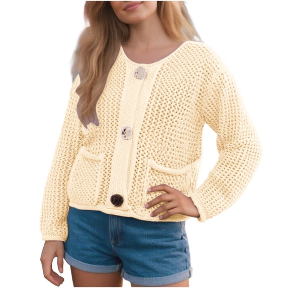 Fmbrln Womens Casual Knitted Cardigan Sweaters Long Sleeve Button Open Front Cardigans Loose Comfy Solid Color Cardigans Coat Beige S