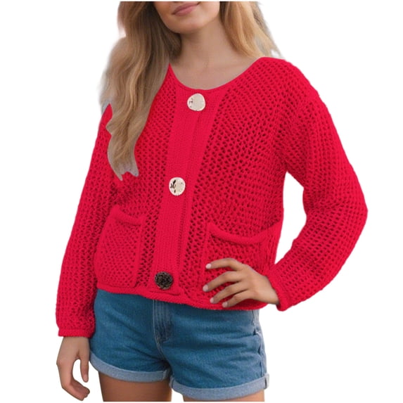 Fmbrln Womens Casual Knitted Cardigan Sweaters Long Sleeve Button Open Front Cardigans Loose Comfy Solid Color Cardigans Coat Red S