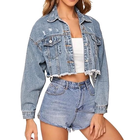 Fenkoxk Womens Casual Lapel Cropped Jean Cardigan Solid Color Long Sleeve Hoodless Open Front Jacket with Pockets