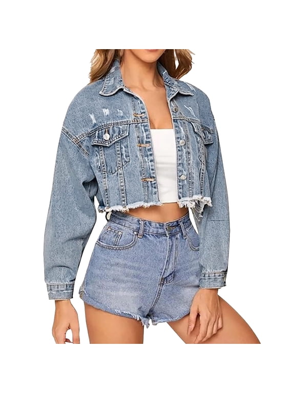 Womens Casual Lapel Cropped Jean Cardigan Solid Color Long Sleeve Hoodless Open Front Jacket with Pockets