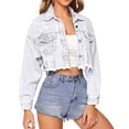 thumbnail image 1 of Fenkoxk Womens Casual Lapel Cropped Jean Cardigan Solid Color Long Sleeve Hoodless Open Front Jacket with Pockets, 1 of 5