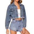thumbnail image 1 of Fenkoxk Womens Casual Lapel Cropped Jean Cardigan Solid Color Long Sleeve Hoodless Open Front Jacket with Pockets, 1 of 5